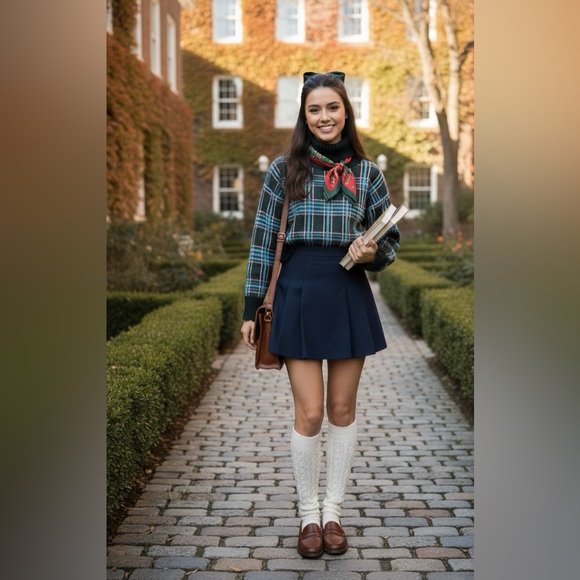 B.yu Italy Alpaca Blend Plaid Turtleneck – Dark Academia Forest Green Sweater - Picture 3 of 10